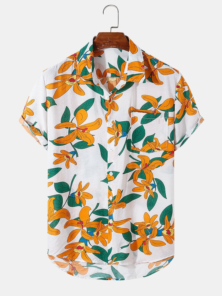 Men's Casual Wear Orange Colour Printed Cotton Shirt