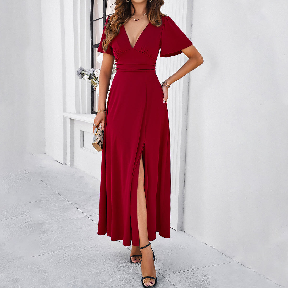 Spring And Summer Solid Color Temperament Slim V-neck Dress