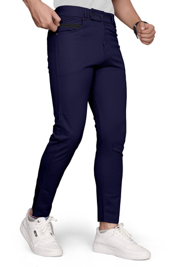 Navy Blue Cotton Blend Formal Trousers Pants For Mens